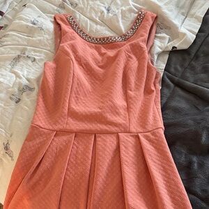 Alya Coral Mini Dress with Embellished Neckline